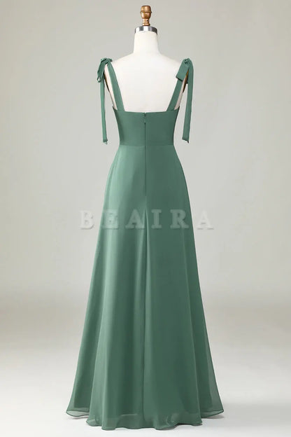 Beaira Eucalyptus A-Line Spaghetti Straps Floor Length Bridesmaid Dress with Slit Bridesmaid dress shop