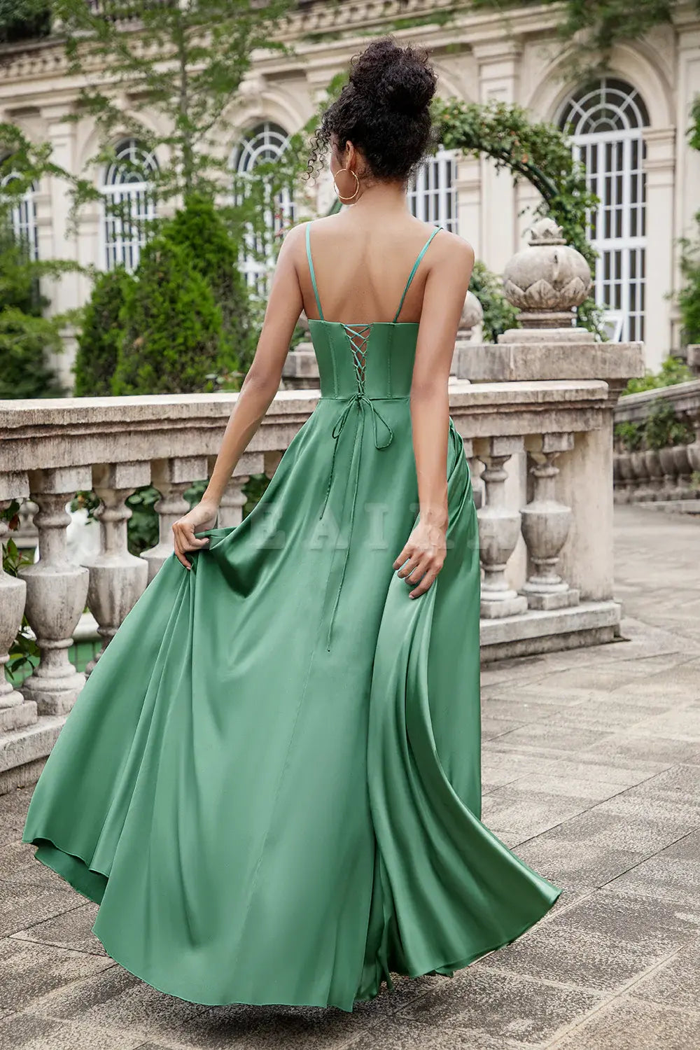 Beaira Eucalyptus A Line Lace-Up Back Corset Pleated Satin Bridesmaid Dress Bridesmaid dress shop ﻿