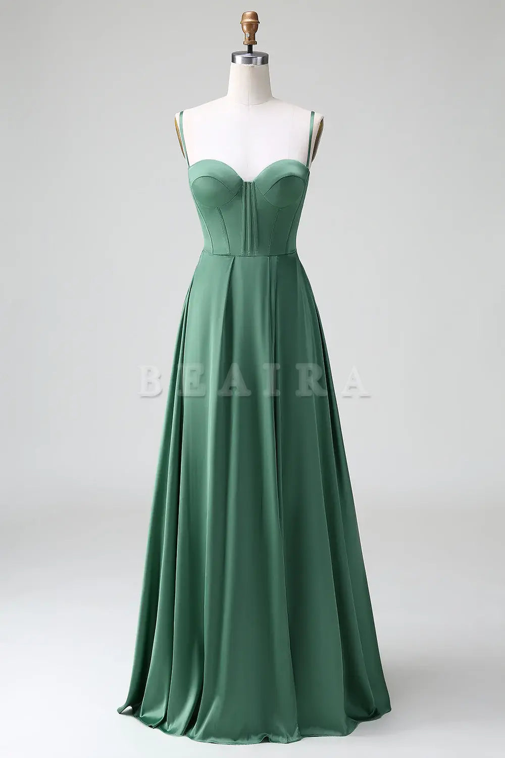 Beaira Eucalyptus A Line Lace-Up Back Corset Pleated Satin Bridesmaid Dress Bridesmaid dress shop ﻿