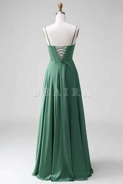 Beaira Eucalyptus A Line Lace-Up Back Corset Pleated Satin Bridesmaid Dress Bridesmaid dress shop ﻿