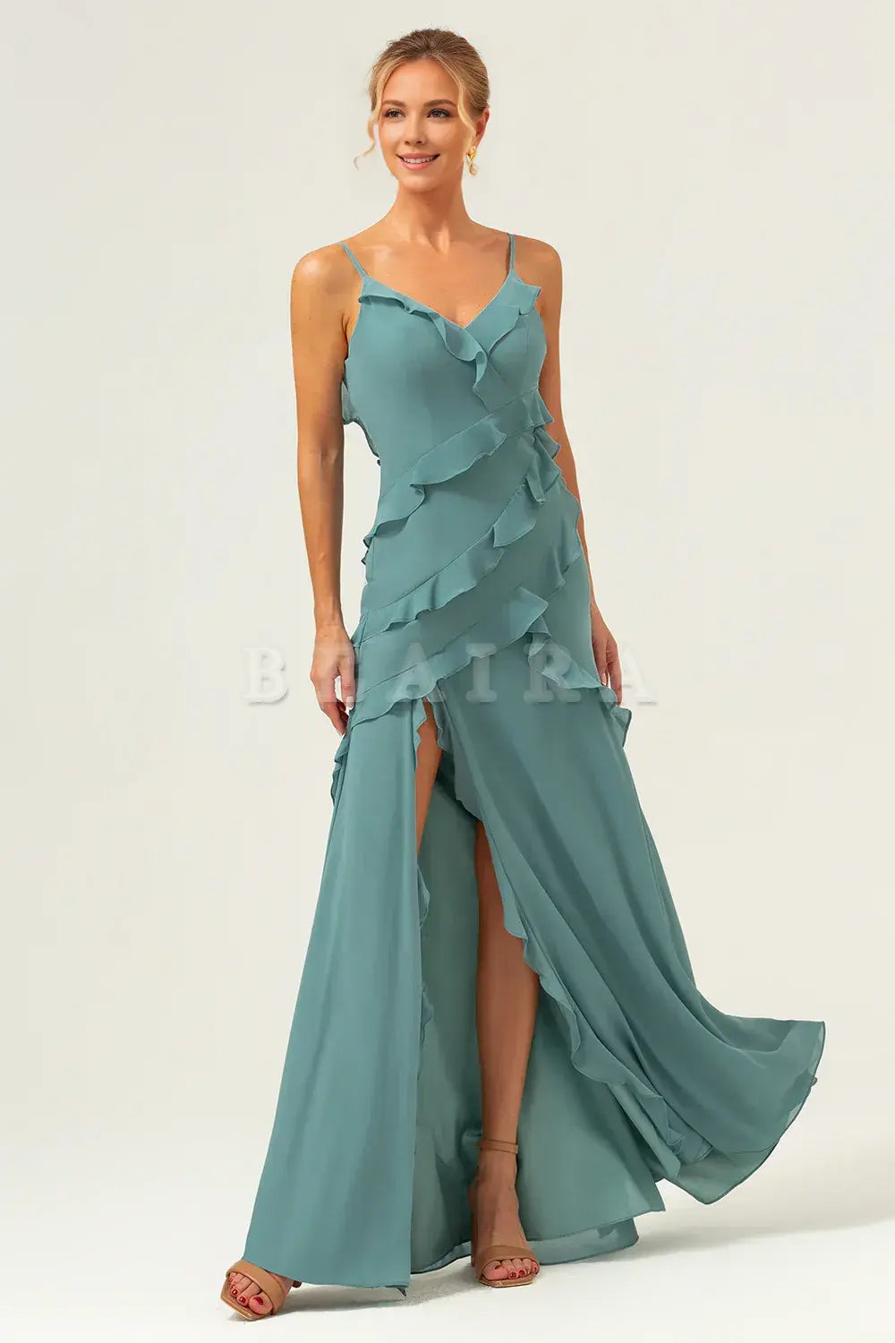 Beaira Eucalyptus Sheath Spaghetti Straps Ruffle Floor Length Bridesmaid Dress Bridesmaid dress shop