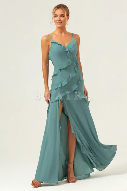 Beaira Eucalyptus Sheath Spaghetti Straps Ruffle Floor Length Bridesmaid Dress Bridesmaid dress shop