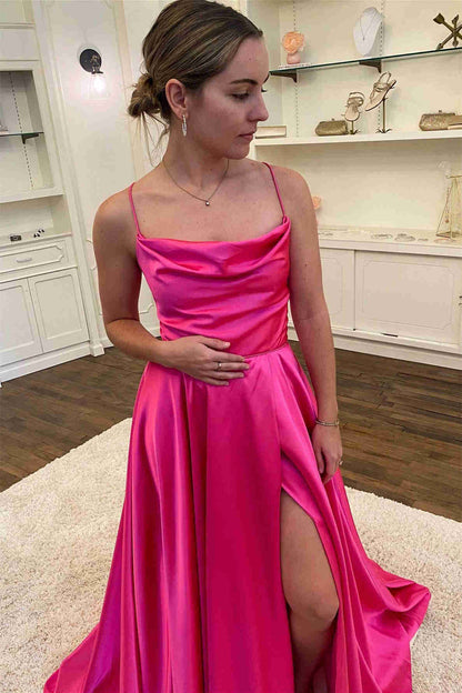 Evening Dresses Spaghetti Straps Satin With Slit A Line Floor Length Prom Dress