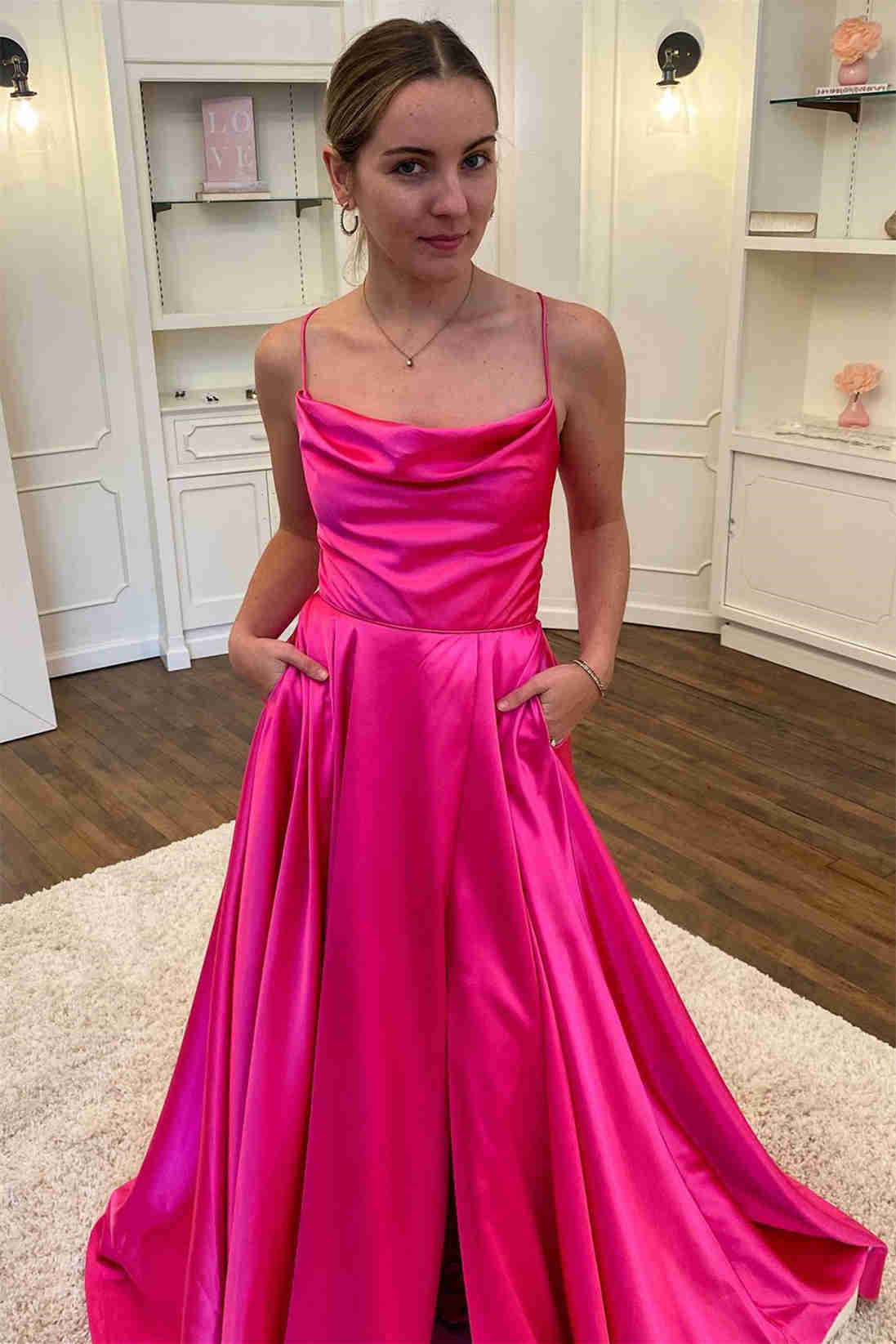 Evening Dresses Spaghetti Straps Satin With Slit A Line Floor Length Prom Dress