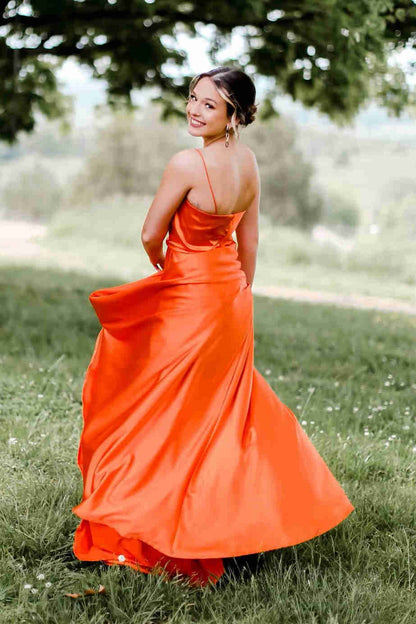 Evening Dresses Spaghetti Straps Satin With Slit A Line Floor Length Prom Dress
