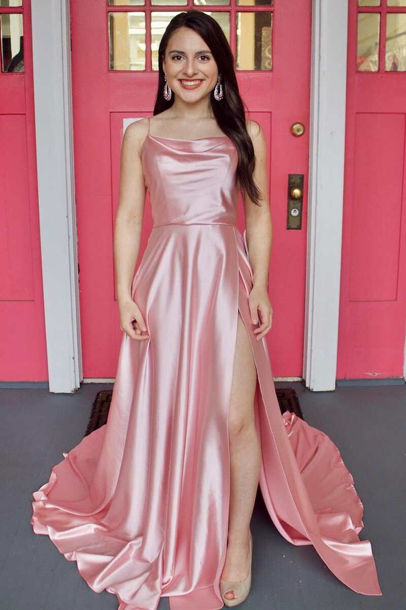 Evening Dresses Spaghetti Straps Satin With Slit A Line Floor Length Prom Dress