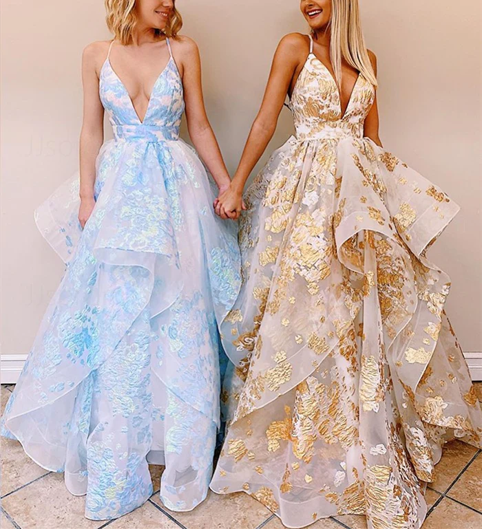 Evening Dresses V Neck Open Back Tulle With Ruffles A Line Prom Dresses