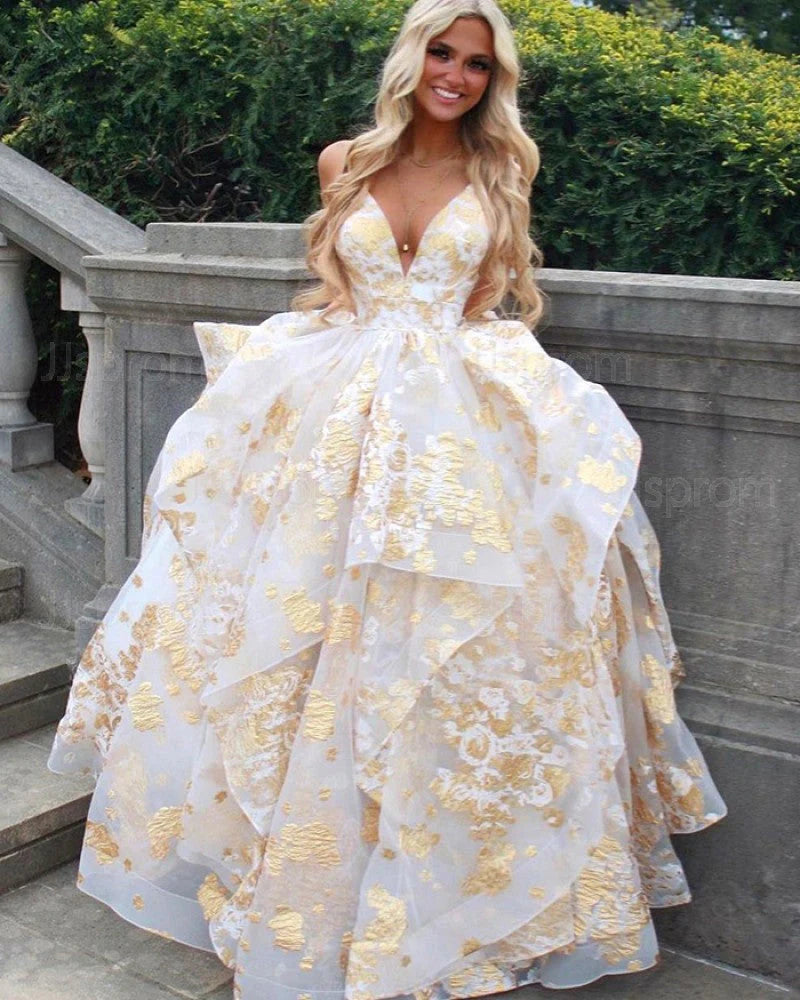 Evening Dresses V Neck Open Back Tulle With Ruffles A Line Prom Dresses