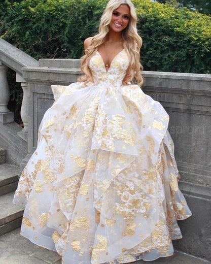 Evening Dresses V Neck Open Back Tulle With Ruffles A Line Prom Dresses