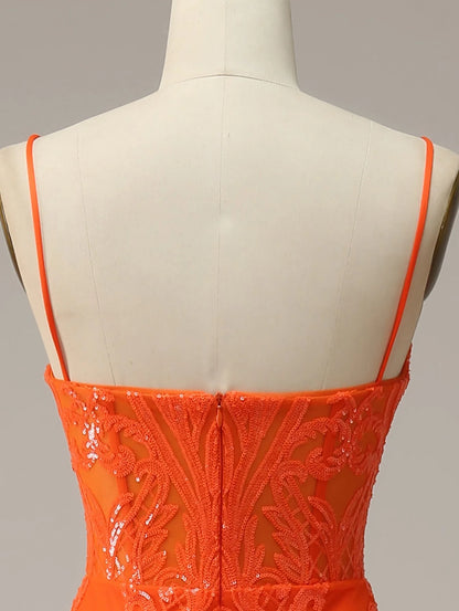 Excellent Orange Mermaid Spaghetti Straps Sequins Split Prom Dress
