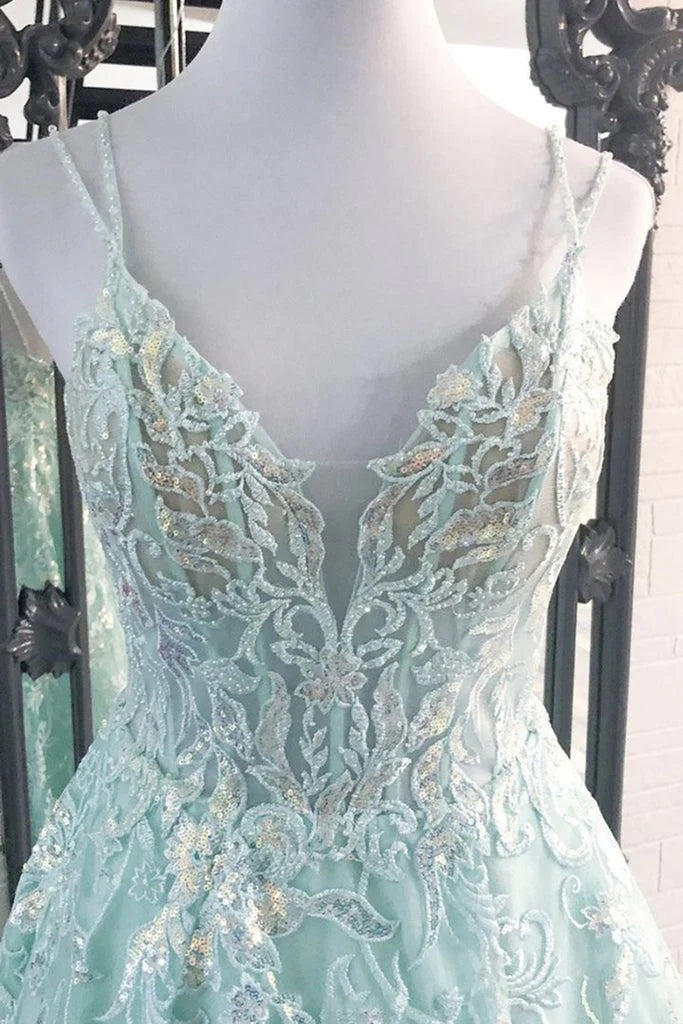 V Neck With Appliques Backless A Line Prom Dresses