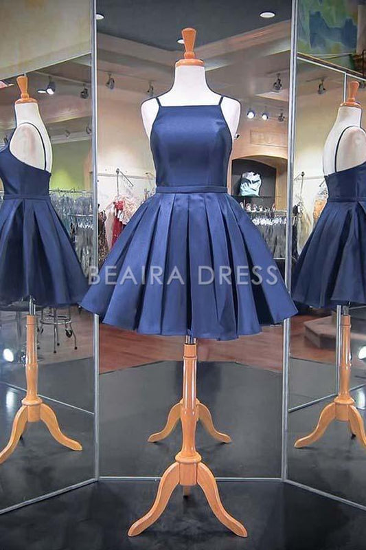 Beaira Simple Fashion Navy Blue Spaghetti Straps Satin Homecoming Dresses formal wear dresses