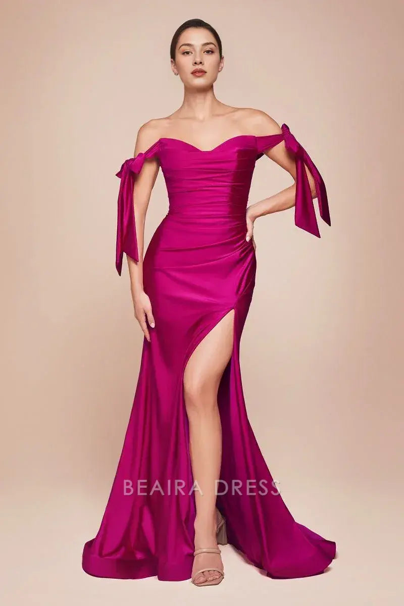 Fashionable plus size Mermaid/Trumpet Off the Shoulder Sleeveless Back Zip Sweep/Brush Train Side Slit prom dress