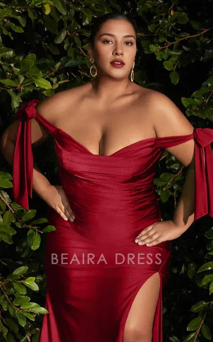Fashionable plus size Mermaid/Trumpet Off the Shoulder Sleeveless Back Zip Sweep/Brush Train Side Slit prom dress