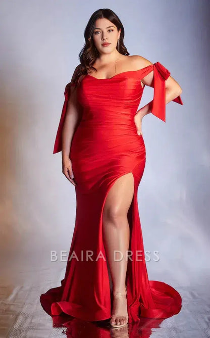 Fashionable plus size Mermaid/Trumpet Off the Shoulder Sleeveless Back Zip Sweep/Brush Train Side Slit prom dress