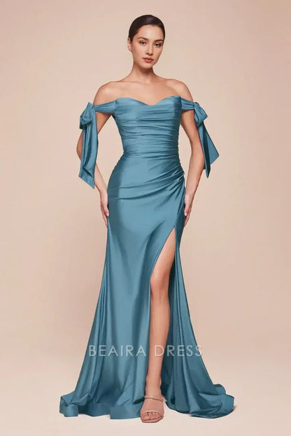 Fashionable plus size Mermaid/Trumpet Off the Shoulder Sleeveless Back Zip Sweep/Brush Train Side Slit prom dress