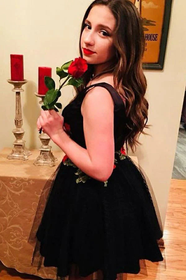 Flare Little Black Floral Homecoming Dress V Neck with Flowers Short Cocktail Dresses