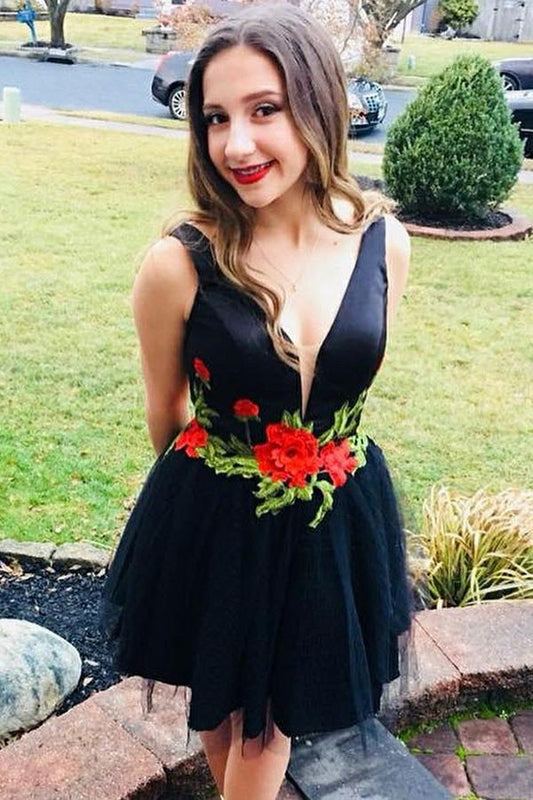 Flare Little Black Floral Homecoming Dress V Neck with Flowers Short Cocktail Dresses