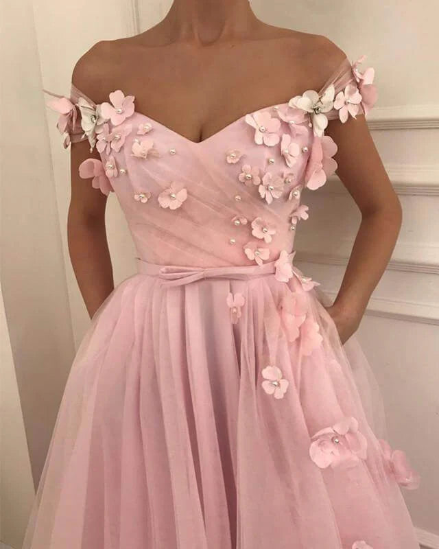 V Neck Off the Shoulder Prom Dresses Long Tulle Evening Gowns