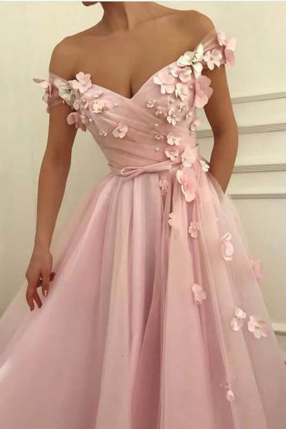 V Neck Off the Shoulder Prom Dresses Long Tulle Evening Gowns