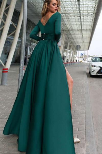 Flowy Long Front Split Green Chiffon Backless Elegant Long Sleeve Prom Dresses