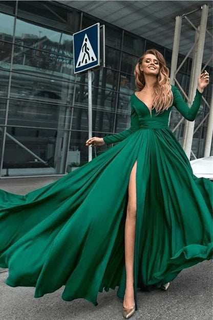 Flowy Long Front Split Green Chiffon Backless Elegant Long Sleeve Prom Dresses