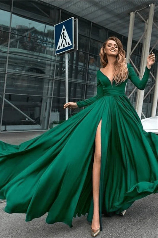 Flowy Long Front Split Green Chiffon Backless Elegant Long Sleeve Prom Dresses