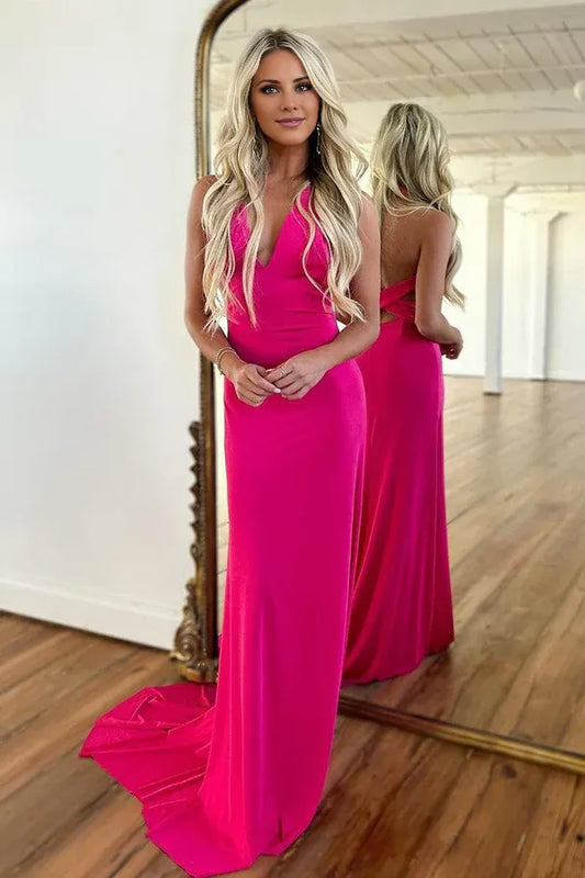 Beaira Hot Pink V-Neck Cross Back Long Satin Corset Prom Party Dress - Fuchsia