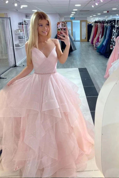 A Line Spaghetti Straps V-neck Princess Prom Dresses Cute Dress