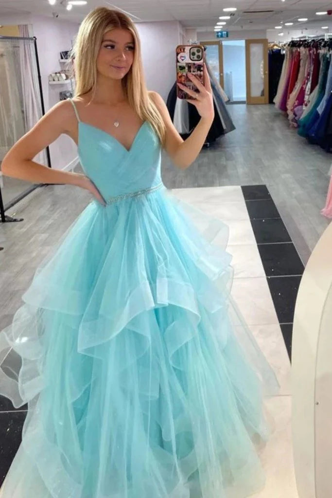 A Line Spaghetti Straps V-neck Princess Prom Dresses Cute Dress