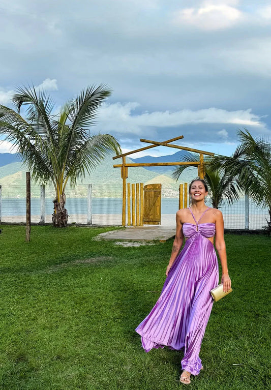 Glamorous A-Line Halter Cut-Out Lavender Floor-Length Prom Dress