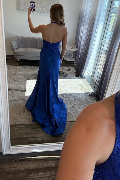 Glamorous Mermaid Halter Beaded Royal Blue Floor-Length Prom Dress
