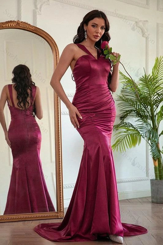 Glamorous Mermaid Halter Ruched Burgundy Floor-Length Prom Dress