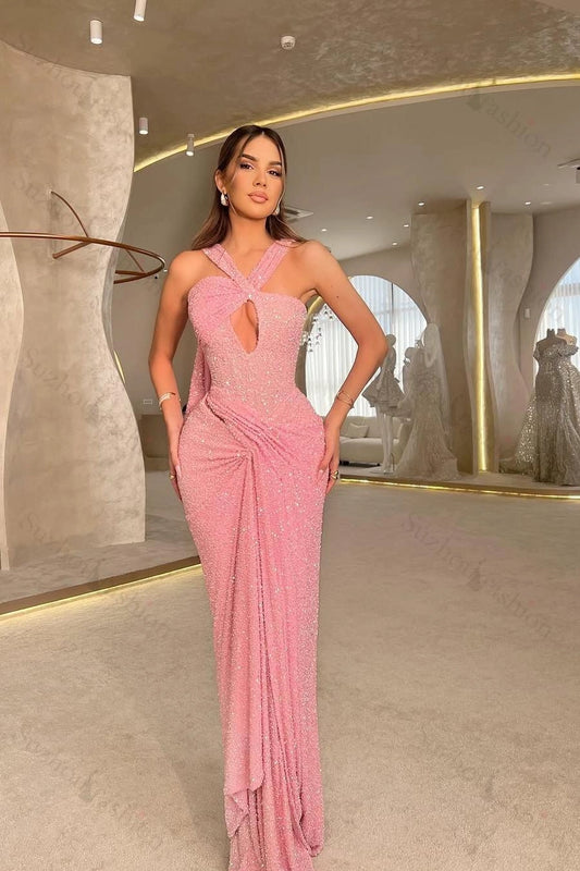 Glamorous Mermaid Halter Ruched Pink Floor-Length Prom Dress