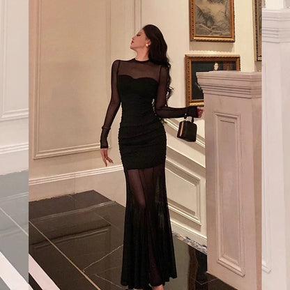 Glamorous Mermaid High-Neck Long-Sleeved Ruched Black Mesh Long Prom Dresses
