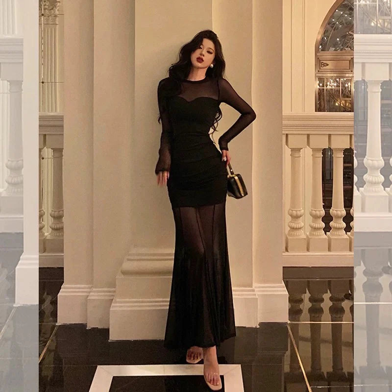 Glamorous Mermaid High-Neck Long-Sleeved Ruched Black Mesh Long Prom Dresses