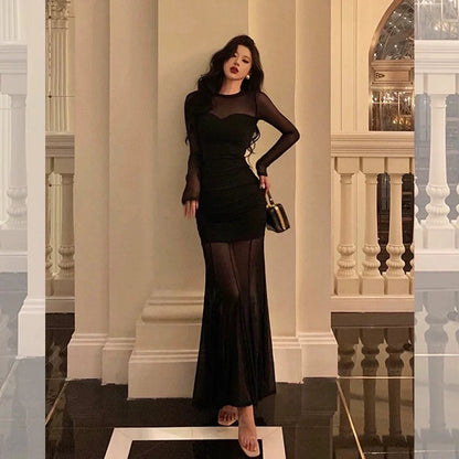 Glamorous Mermaid High-Neck Long-Sleeved Ruched Black Mesh Long Prom Dresses