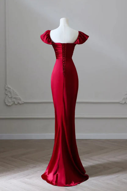Glamorous Mermaid Off-the-Shoulder Ruched Red Satin Long Prom Dresses