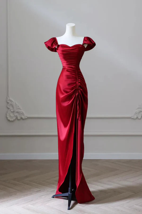 Glamorous Mermaid Off-the-Shoulder Ruched Red Satin Long Prom Dresses