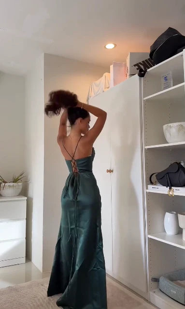 Glamorous Mermaid Spaghetti Lace-Up Emerald Green Floor-Length Prom Dress