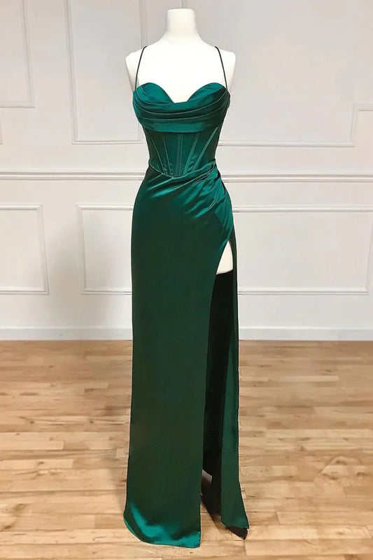 Glamorous Mermaid Spaghetti Strap Lace-Up Emerald Green Prom Dress