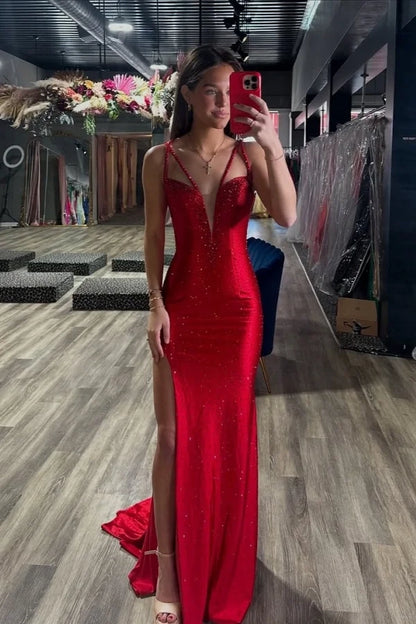 Glamorous Mermaid Spaghetti Strap Sequin Red Maxi Prom Dress