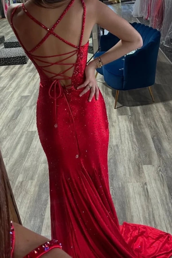 Glamorous Mermaid Spaghetti Strap Sequin Red Maxi Prom Dress