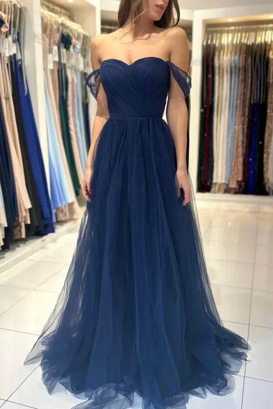 Glamorous Off-the-Shoulder Tulle Navy Blue Floor-Length Prom Dress