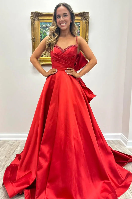 Glamorous Spaghetti Strap Bow Red Floor-Length Prom Dress