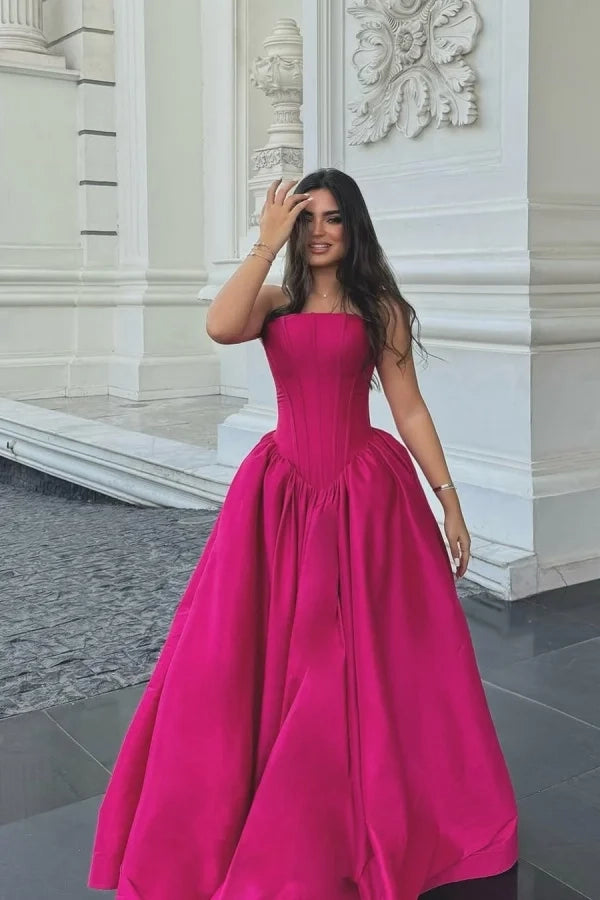 Glamorous Strapless Sleeveless Corset Fuchsia Floor-Length Prom Dress