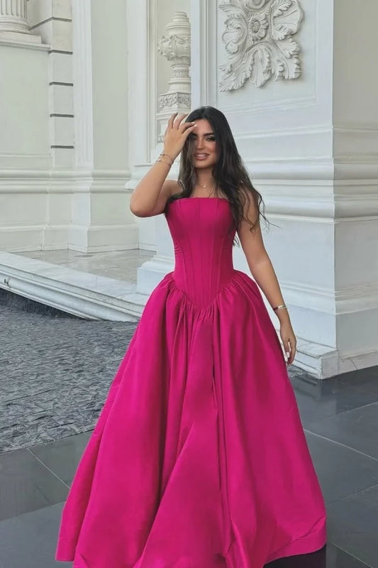 Glamorous Strapless Sleeveless Corset Fuchsia Floor-Length Prom Dress