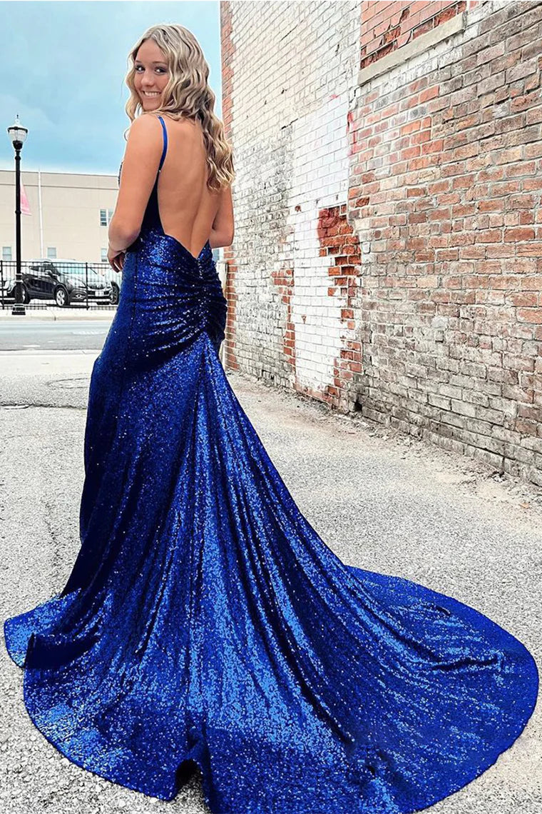 Sequins Spaghetti Straps V Neck Mermaid Slit Prom Dress