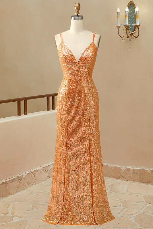 Glitter Spaghetti Straps Mermaid Sequins Prom Dresse