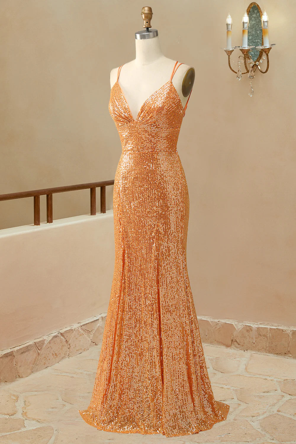 Glitter Spaghetti Straps Mermaid Sequins Prom Dresse